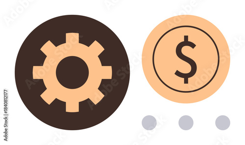 Gear icon next to dollar coin, signifying productivity and revenue generation. Ideal for business, finance, operations, economic growth, management, solutions, simple flat metaphor