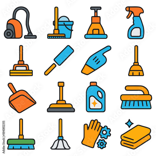 Cleaning Supplies Collection: An assortment of essential cleaning tools arranged, representing cleanliness, hygiene, and the effective maintenance of spaces.