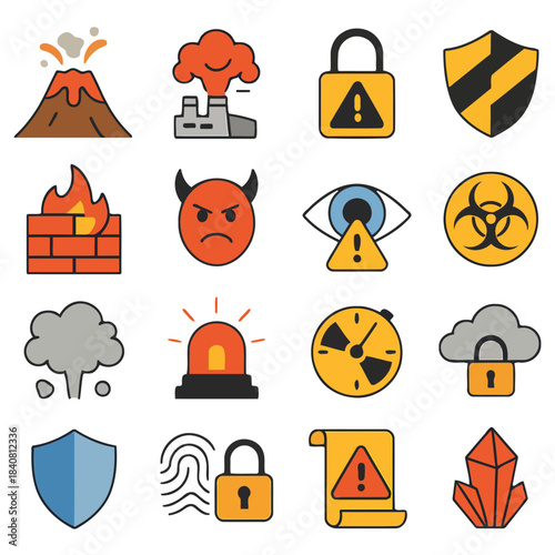Safety Symbols and Alerts: A curated collection of essential safety symbols and alert icons, representing diverse risks and protective measures to communicate safety information effectively.