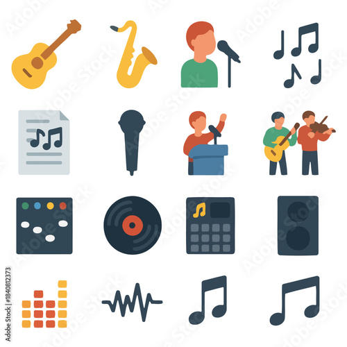 Musical Harmony: A vibrant arrangement of musical instruments, a singer, and musical notes forming a vivid and creative illustration.