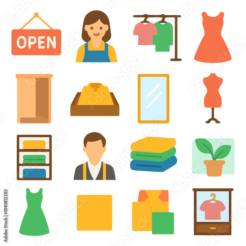 Shop Assortment Illustration: A collection of vibrant illustrations presents a charming visual narrative, perfectly encapsulates the essence of a retail clothing establishment.