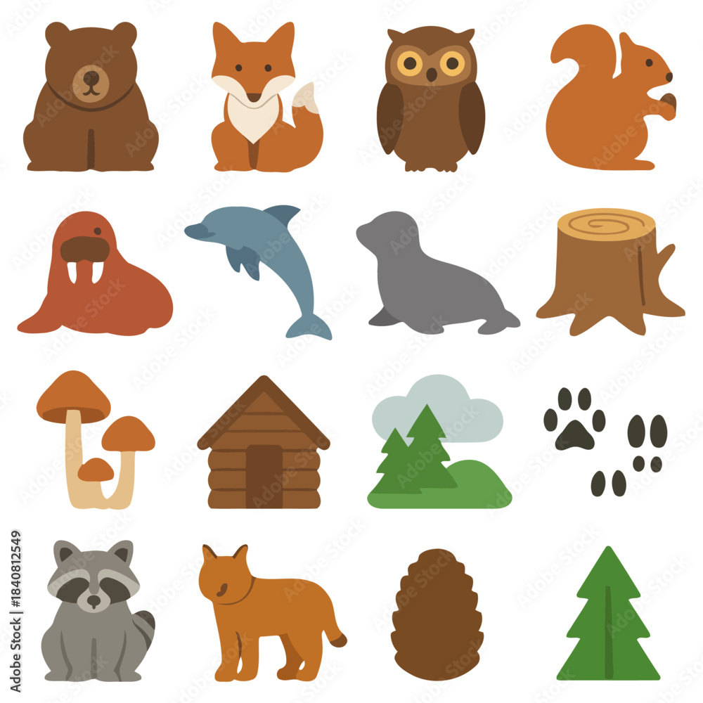 Fototapeta premium Assorted Wildlife Icons: A vibrant collection of assorted wildlife icons, offering a glimpse into the diverse animal kingdom, with a playful array of species, perfect for various design applications.