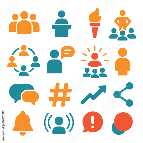 Iconic Communication and Leadership Symbols: An array of colorful icons representing various aspects of communication, teamwork, and leadership.