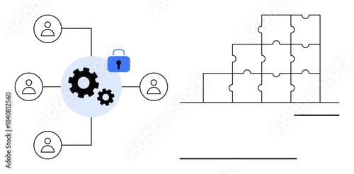 Data security concept. Data security via connected user icons with gears and lock symbol. Data security for digital networks, collaboration, solutions, and systems integration