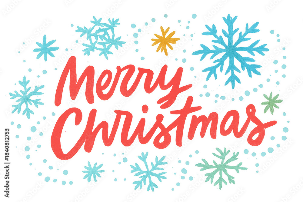 Fototapeta premium Merry christmas lettering with snowflakes, winter holiday season wishes on transparent background