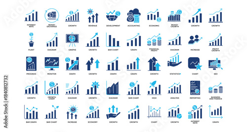 Growth analysis icon set collection. Containing statistics, increase, profit, progress, seo, monitor, report .Solid vector icons collection