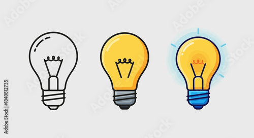 Vector illustration of lightbulbs symbolizing new ideas, inspiration, innovation, and creative solutions with glowing and outlined designs