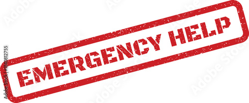 Distressed rectangular rubber stamp featuring the phrase EMERGENCY HELP for urgent assistance or support