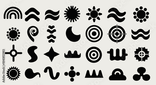 Collection of abstract primitive tribal symbols and icons.