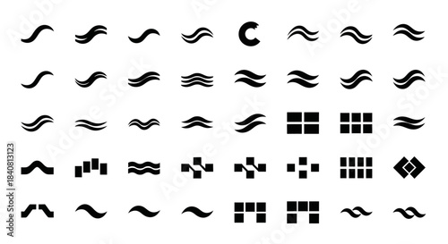 Collection of various black wave and square patterns on a white background.