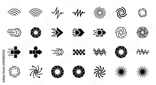 Diverse collection of abstract black graphic icons and symbols.