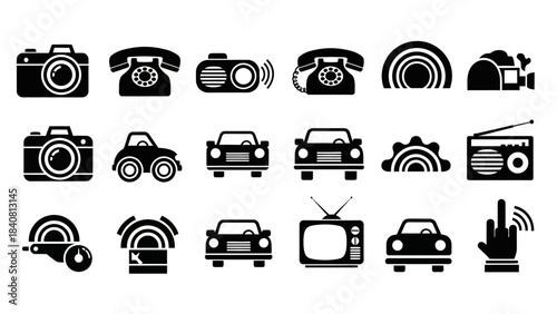 Collection of Vintage Technology and Transportation Icons in Black and White.