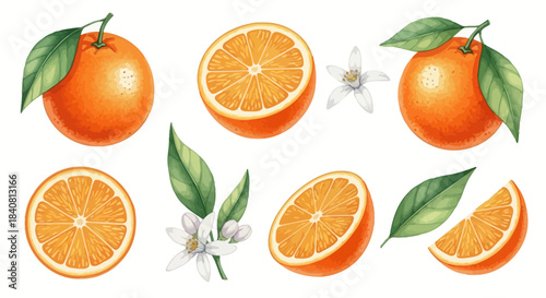 Vibrant collection of fresh orange fruit illustrations, showcasing whole, half, sliced citrus pieces with green leaves and delicate blossoms, perfect for healthy food and drink designs