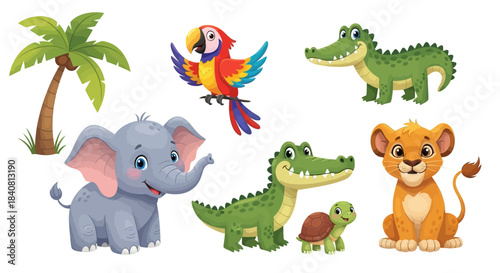 Colorful vector illustration set of adorable wild jungle safari animals and tropical tree characters, perfect for children's design and educational content