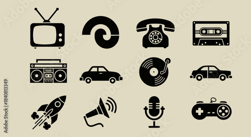 Vintage technology icons representing retro devices and gadgets from the past.