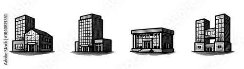 City commercial buildings vintage engraving icons set