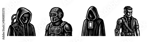 Post apocalypse survivor characters vintage engraving icons set