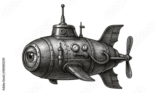 Steampunk submarine vintage engraving illustration, retro underwater vessel