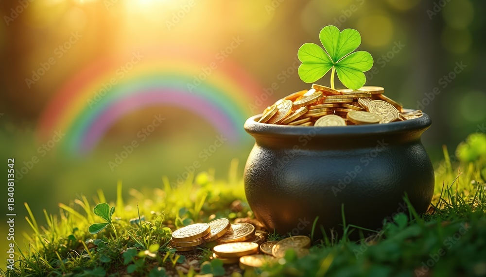 Fototapeta premium Pot of gold coins sits on green grass with a rainbow arching in soft sunlight. A lucky clover leaf sprouts from the overflowing treasure. St. Patricks Day theme.