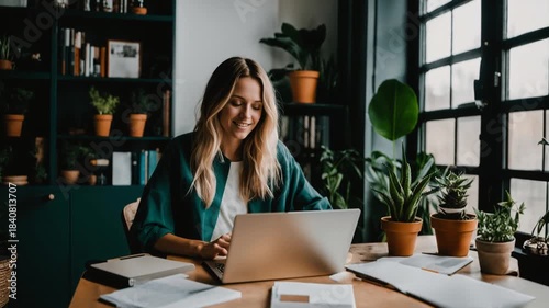 Work from home office young gen Z wfh concept relax sit easy at cozy desk write note think idea plan self MBA study reskill upskill