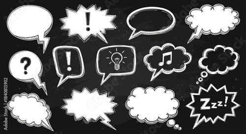 A collection of hand-drawn speech bubbles and thought balloons on a chalkboard background, representing communication, ideas, and sound