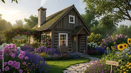 Charming log cabin with abundant flower garden