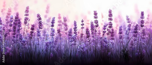A captivating panorama of lavender flowers in various shades of purple, creating a serene and calming atmosphere in a vibrant field.