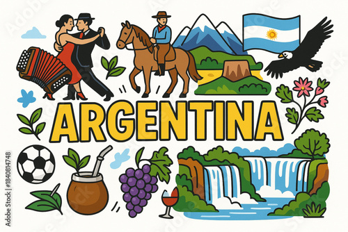 Colorful Argentina Vector Illustration with Tango, Gauchos, Andes, Iguazú Falls and Flag