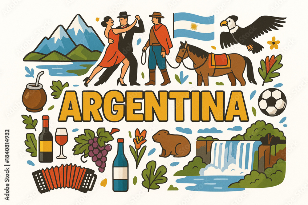 Fototapeta premium Colorful Argentina Vector Illustration with Tango, Gauchos, Andes, Iguazú Falls and Flag