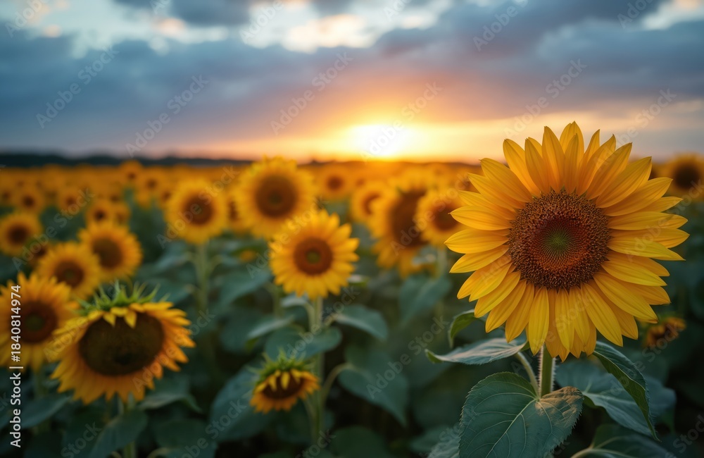 Fototapeta premium Field of bright yellow sunflowers under a dramatic dusky sky at sunset. Warm golden light illuminates the blooming flowers. Tall plants with green leaves stand in rows. Horizon shows a warm glow.