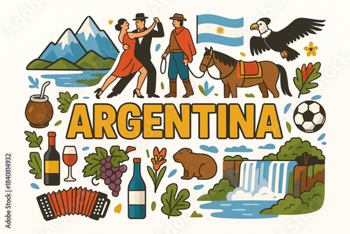 Colorful Argentina Vector Illustration with Tango, Gauchos, Andes, Iguazú Falls and Flag
