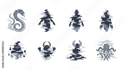 Abstract creatures and mythical shapes in a minimalist vector illustration