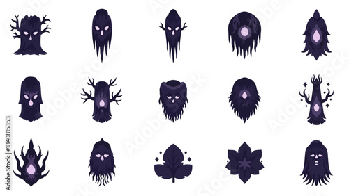 Abstract dark silhouettes of mythical creatures and symbolic designs