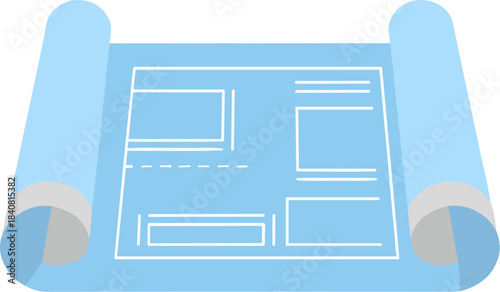 Rolled up architectural blueprint scroll with technical drawings.