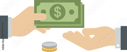 Vector illustration of a hand giving cash money to another person for payment or a bribe.