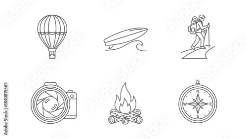 Adventure and travel icons set air balloon surfboard hiking camera