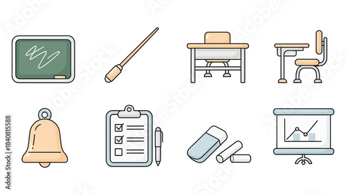 School and classroom supplies and furniture icons