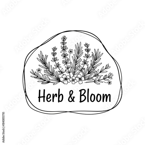 Hand-drawn botanical logo with Herb  Bloom text in a rustic frame.