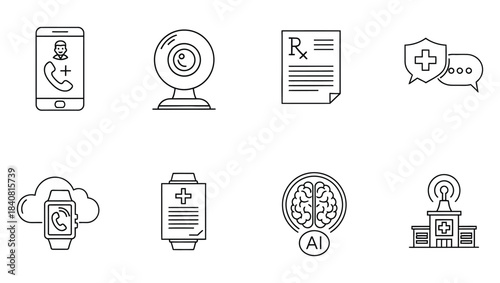 Digital Healthcare and Telemedicine Line Icons Modern Medical Technology, Smart Devices, and Connected Health Services