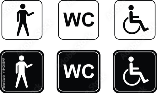 Vector icon set of universal international black and white pictograms for public restrooms and facilities, including gender symbols,