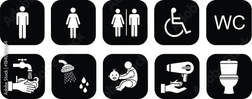 Comprehensive vector icon set featuring essential black and white symbols for public facilities, including restrooms, accessible stalls,