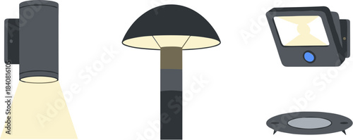 Vector set of modern outdoor lighting fixtures for landscape and garden design.