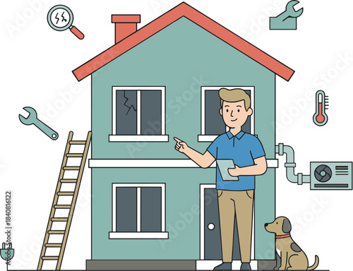 Home inspector with a tablet and his dog evaluating a residential house for maintenance.