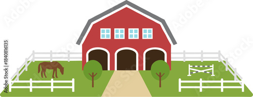 Classic Red Farm Barn with a Horse in a Fenced Paddock Vector Illustration.