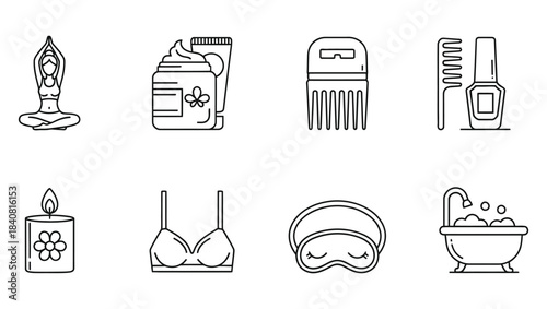 Collection of outline vector icons representing essential self-care, beauty, and relaxation elements for modern living