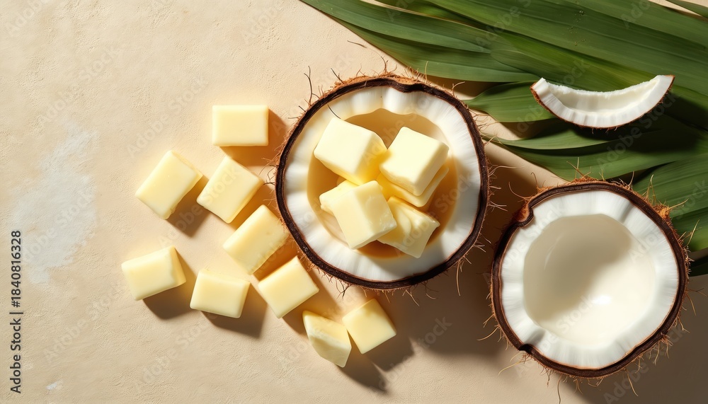 Fototapeta premium Shea butter cubes and fresh coconut halves arranged with green palm leaves. Natural ingredients for skin care and beauty treatments. Creamy texture and tropical aroma.