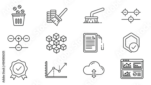 Set of 12 clean icons for web design, illustrating concepts like data, finance, and technology