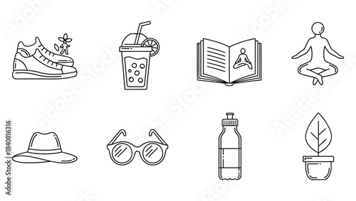 Vector Icons for Lifestyle and Wellness Shoes, Drink, Book, Yoga, Hat, Sunglasses, Water Bottle, and Plant