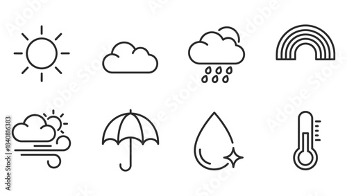 Collection of weather forecast icons featuring sun, clouds, rain, rainbow, wind, umbrella, water drop and thermometer