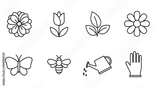 Set of garden and nature icons including flowers, insects, and gardening tools